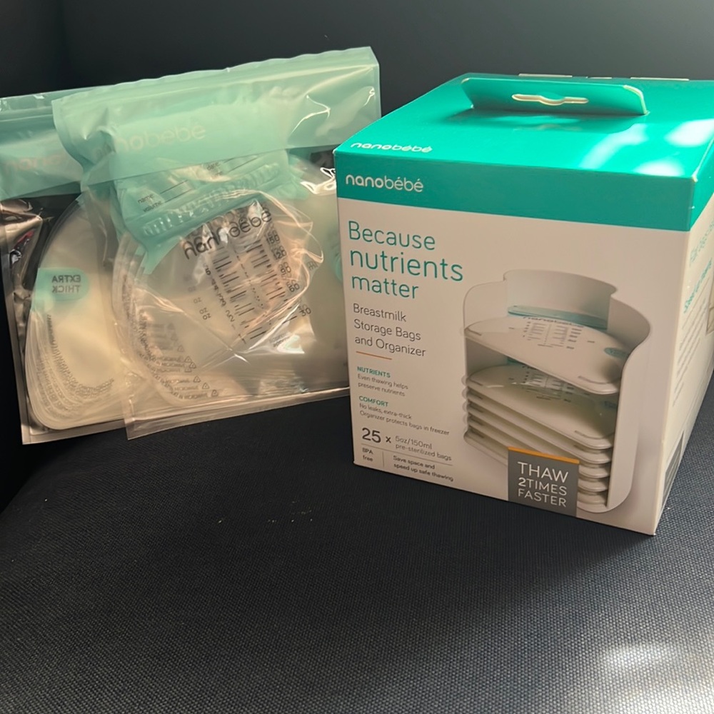 Nano bee breast milk bags and a storage organizer.